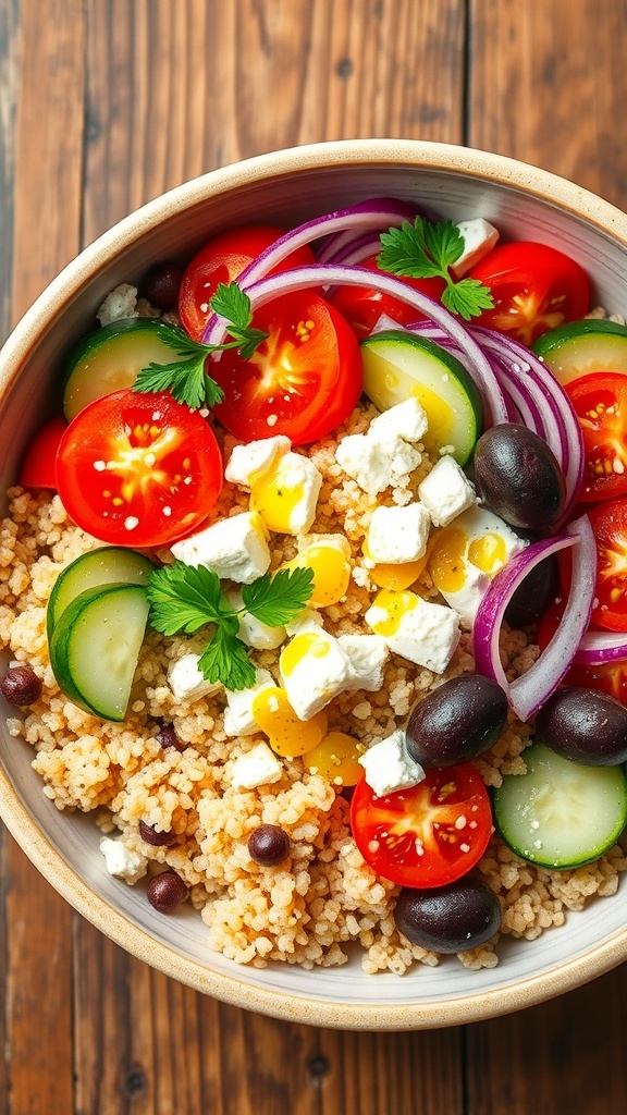 A colorful Greek quinoa bowl with tomatoes, cucumber, olives, feta, and parsley on a rustic table.